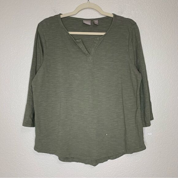 Chico’s Split Neck Olive Green 3/4 Sleeves Top - Picture 1 of 12